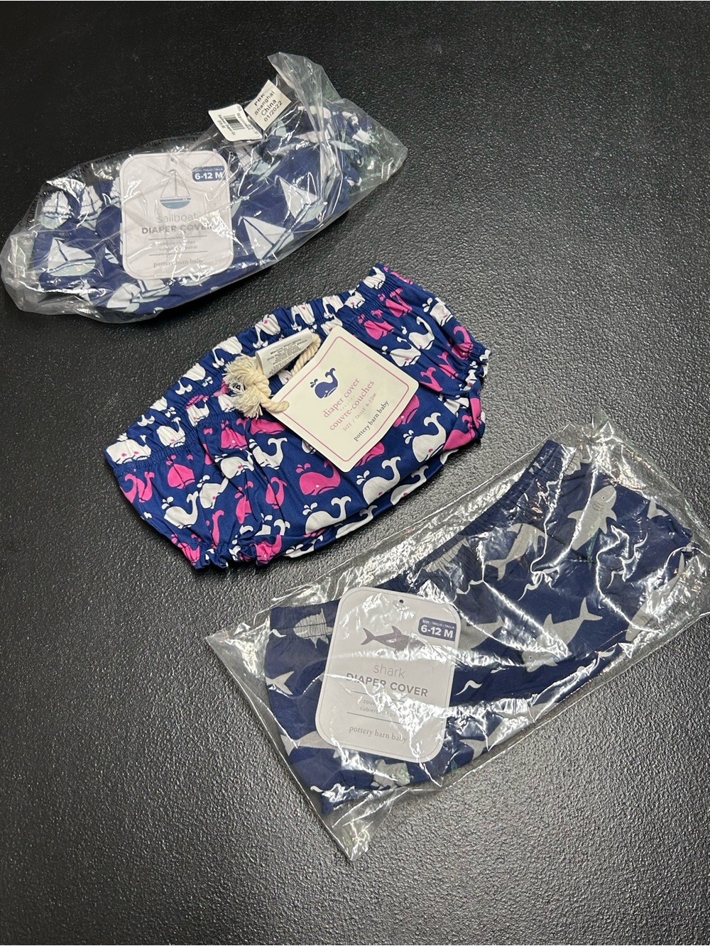 3 Pottery Barn Baby Diaper Covers 6-12 Month Sailboats Whales Sharks Blue NWT